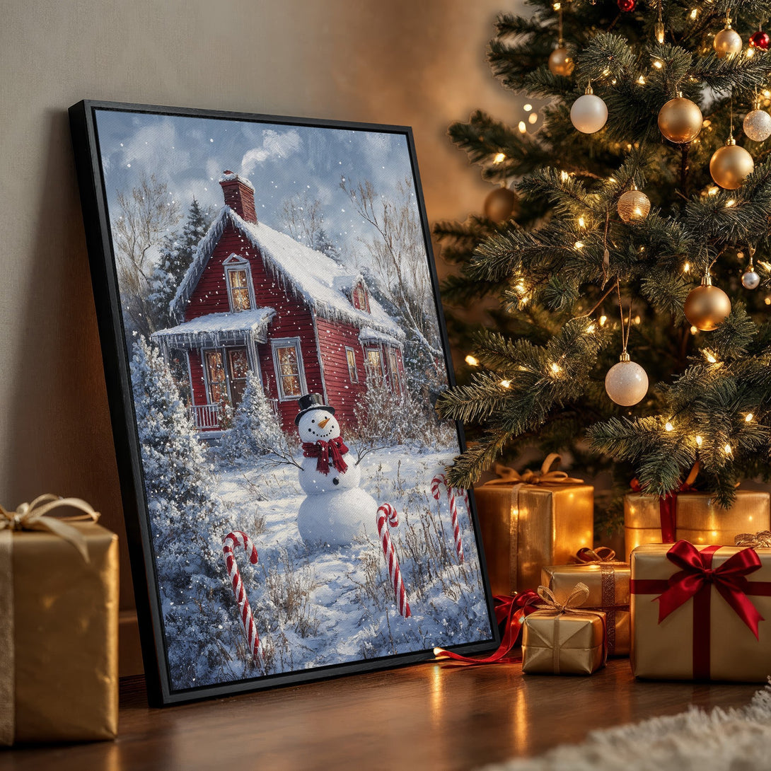 Framed Wall Art: Winter scene with a red house & snowman. Cozy artwork in a snowy landscape with a warm, inviting color palette. Perfect for holiday decor.