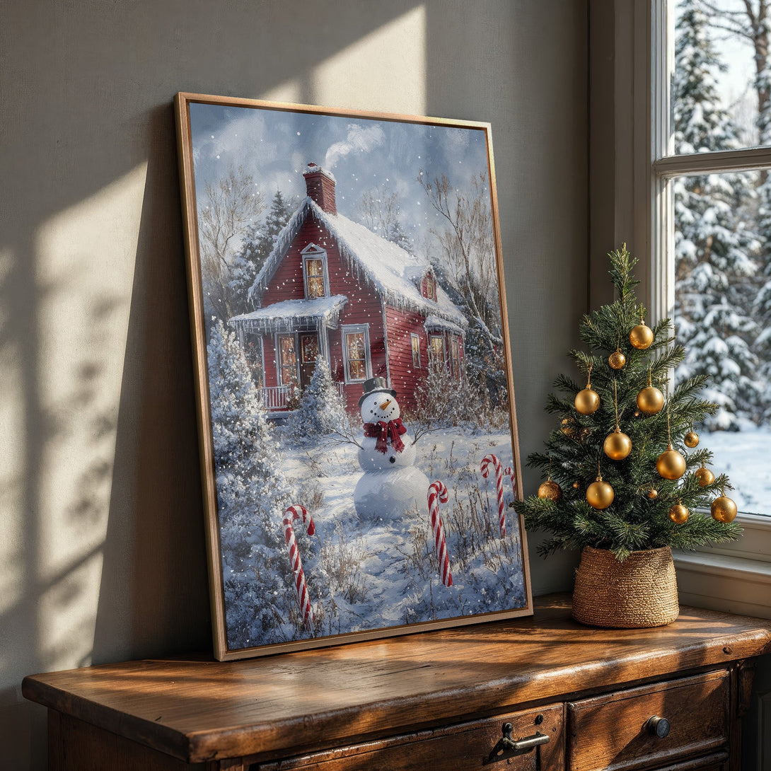 Framed Wall Art: Winter scene with a red house and snowman. Cozy, festive artwork with a warm, inviting color palette. Perfect for holiday decor!