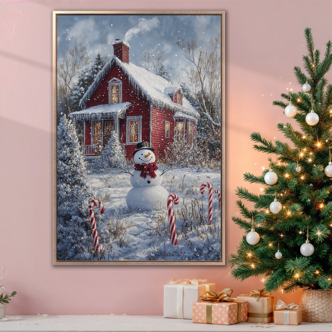 Framed Wall Art: Cozy winter scene with a red house, snowman, and candy canes. Charming art in a warm, festive color palette. Perfect Christmas decor!