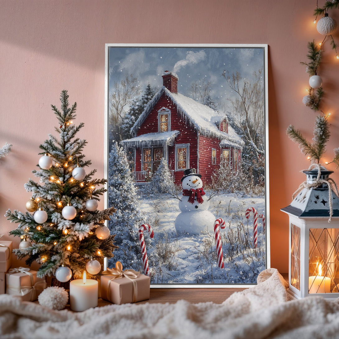 Framed Wall Art: Winter scene Canvas Print with red house, snowman, and snowy landscape. Cozy, warm color palette perfect for holiday decor.