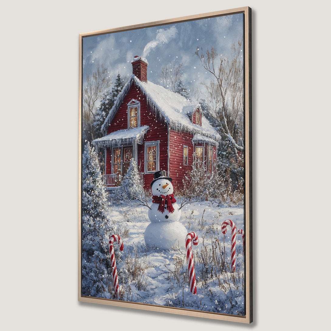 Framed Wall Art: Winter scene Canvas Print of a red house, snowman, and candy canes. Cozy, festive art with a blue, white, and red color palette.