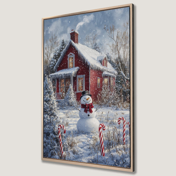 Framed Wall Art: Winter scene Canvas Print of a red house, snowman, and candy canes. Cozy, festive art with a blue, white, and red color palette.