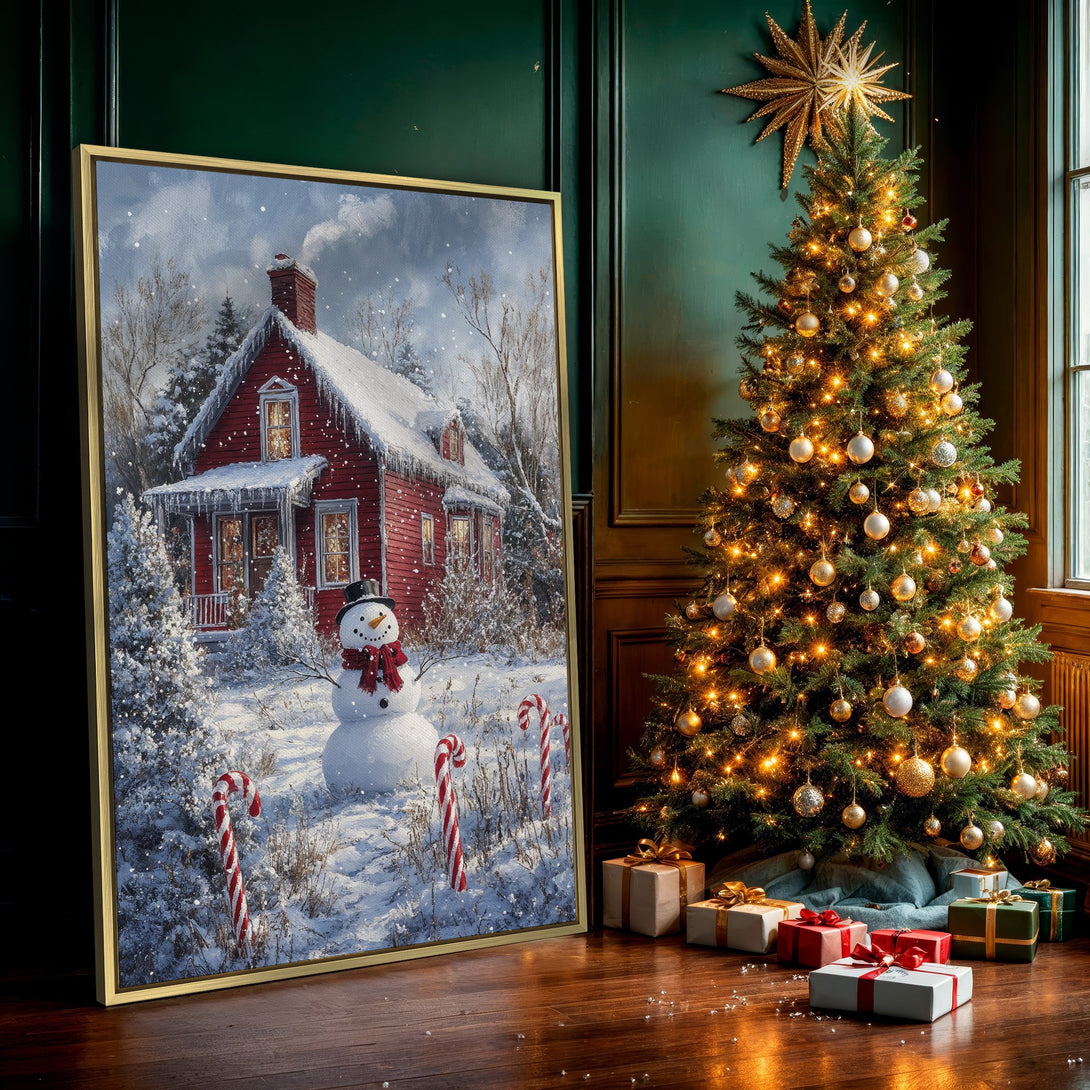 Canvas Print of a cozy winter scene with a red house, snowman, and candy canes. Rustic style, featuring a blue, white, and red color palette. Perfect holiday decor!