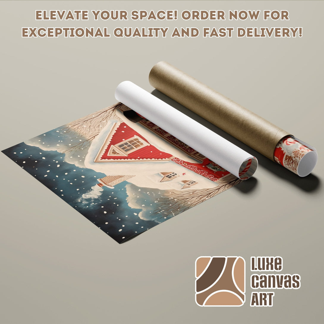 Winter scene Poster Roll with a red house, blue and white palette. Order yours today!