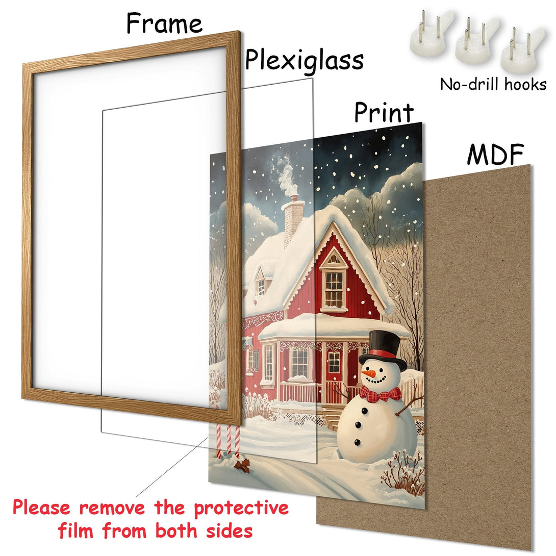 Framed Poster featuring a winter scene with a red house and snowman. Charming illustration in a cool, muted color palette. Perfect holiday decor!