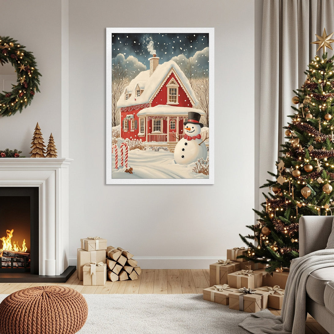 Framed Poster of a snowy red house and snowman, festive art in a cozy, warm color palette. Perfect Christmas decor!