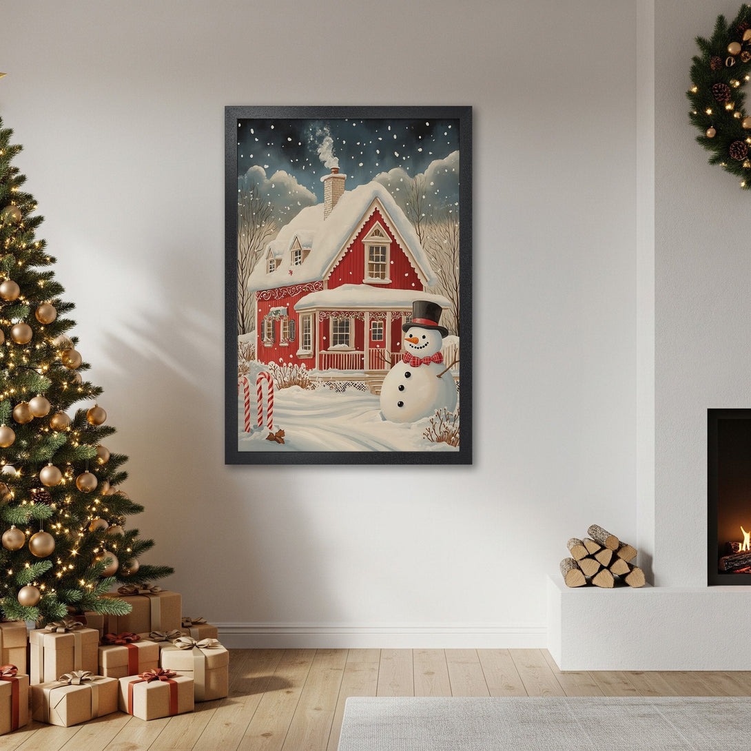 Framed Poster featuring a cozy red winter house and snowman. Charming illustration style with a warm, festive color palette. Perfect holiday decor!