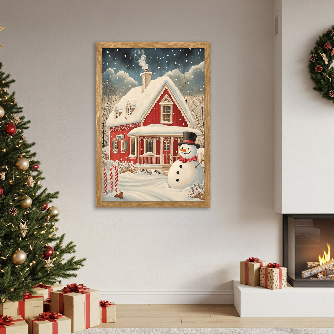 Framed Poster of a red winter house with a snowman. Charming illustration style, warm color palette. Perfect Christmas decor!