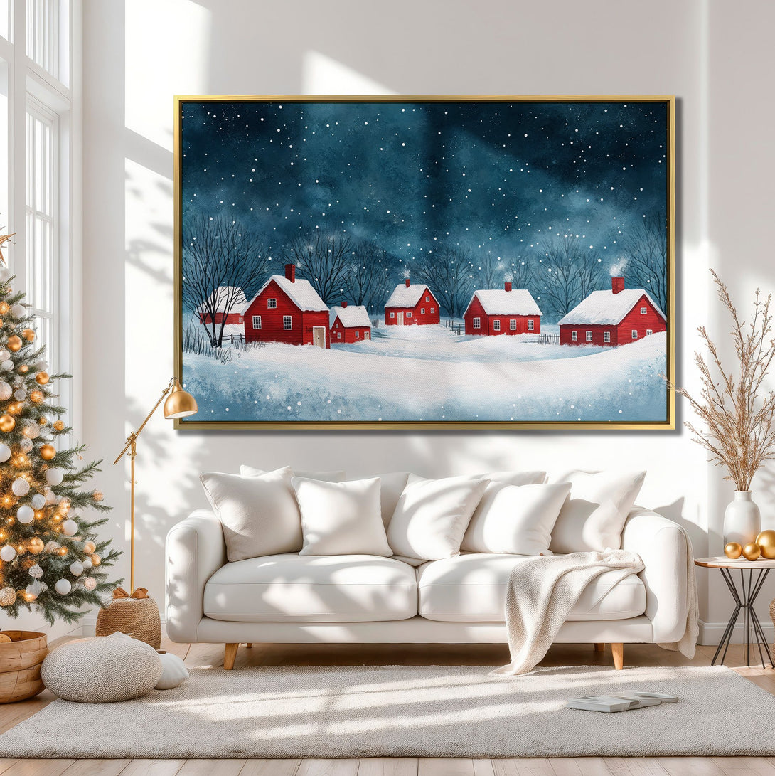 Canvas Print of a winter village scene in watercolor style. Featuring red houses against a blue night sky, creating a cozy, festive atmosphere.