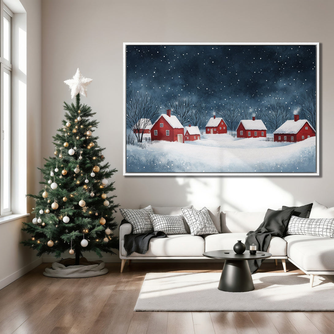 Framed Wall Art: Winter scene with red houses, blue night sky, and snow. Cozy art for your living room. Warm, inviting color palette.