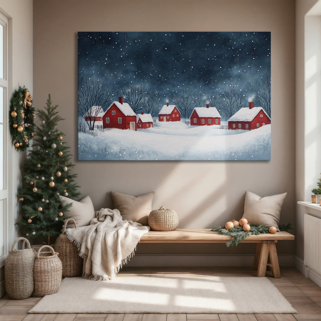 Framed Wall Art of a winter village scene with red houses and snowy landscape. Watercolor style art with a blue and red color palette, perfect for cozy decor.