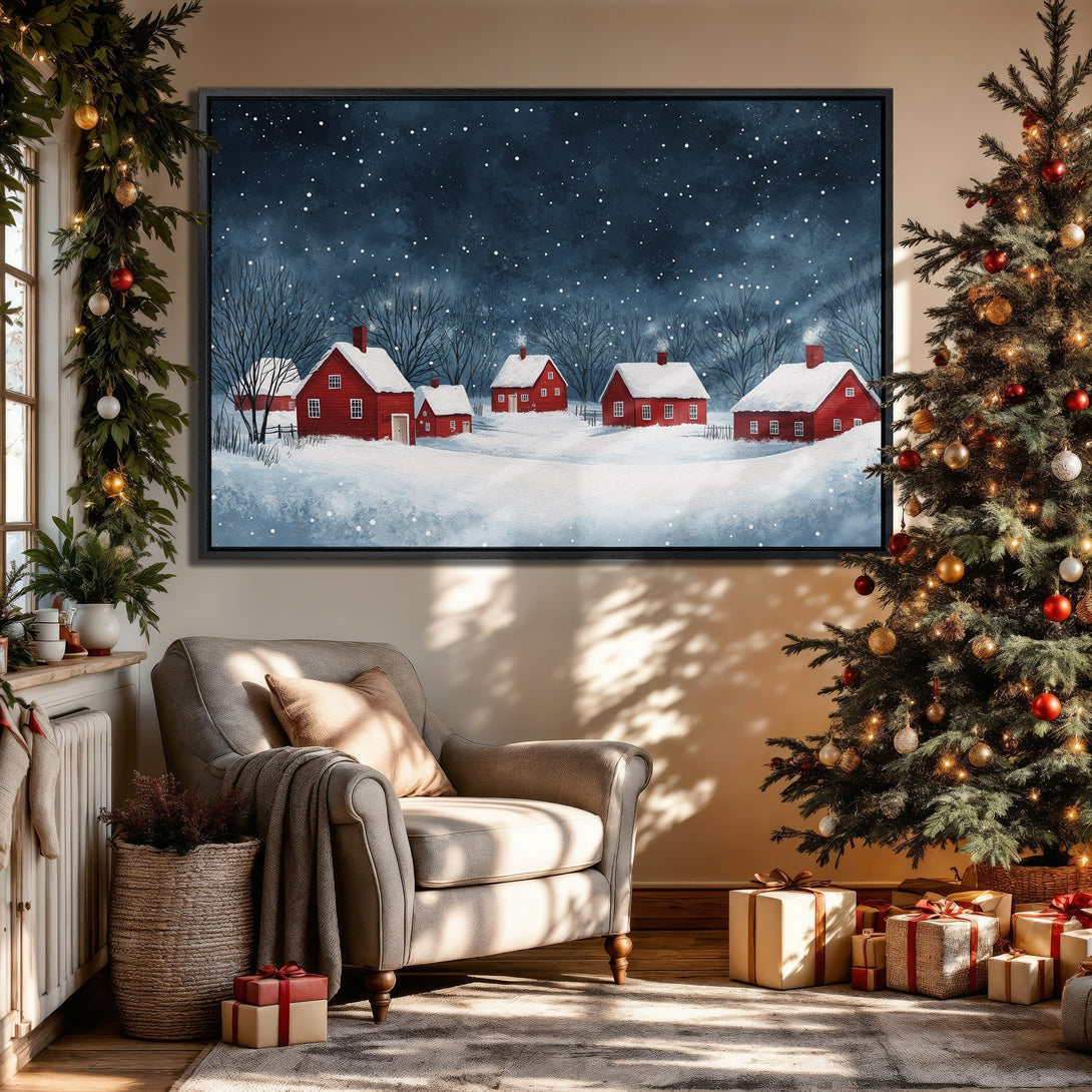 Framed Wall Art: Watercolor winter village scene in red and blue. Perfect Christmas decor! Cozy, inviting style.