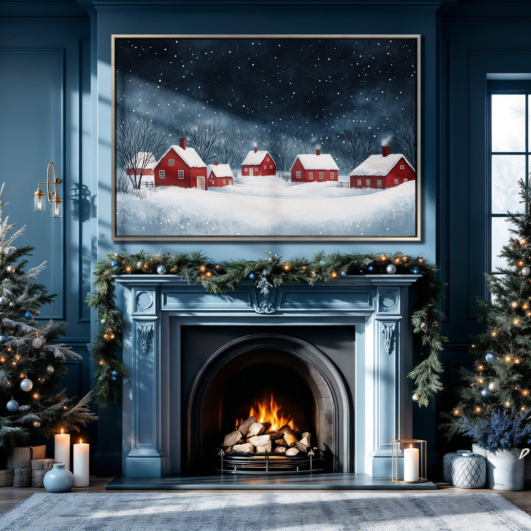 Framed Wall Art: Cozy winter scene with red houses, snowy landscape, and dark blue sky. Perfect for adding warmth and charm to your home decor.