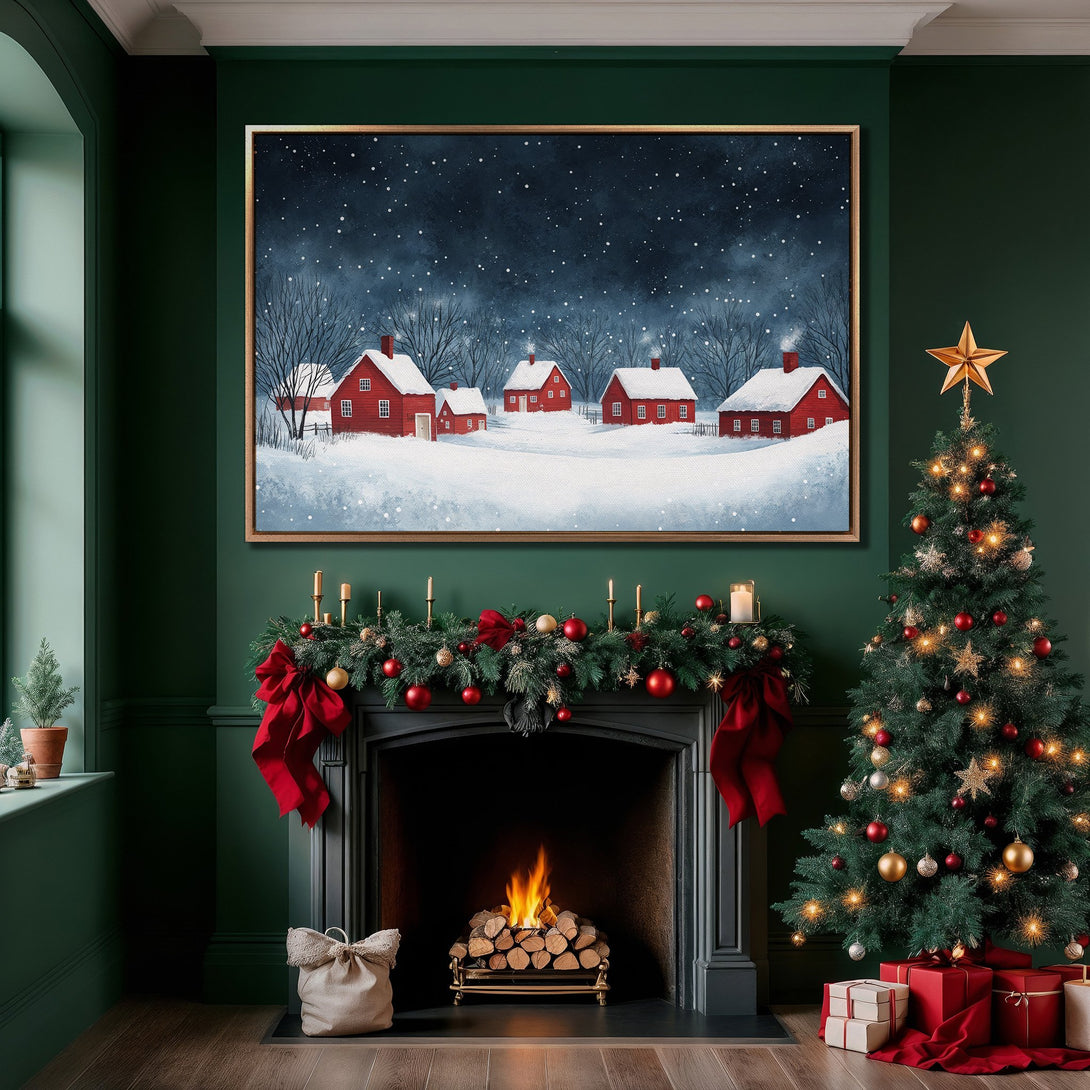 Framed Wall Art: Winter landscape Canvas Print with red houses, snowy scene. Cozy Christmas decor in green and red tones. Perfect holiday gift idea.