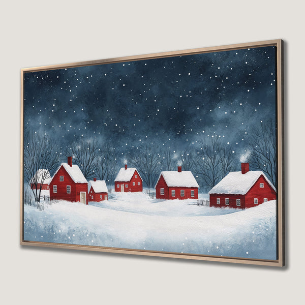 Framed Wall Art: Winter village scene in red and blue. Cozy cottage Canvas Print with a snowy landscape and starry night sky. Perfect holiday decor.