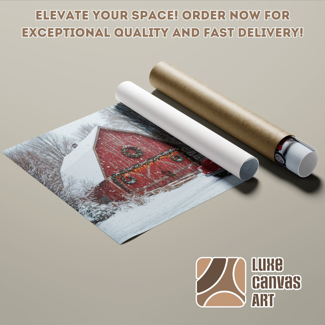 Poster Roll of a red barn in winter, rustic style, with a red, white, and brown color palette.