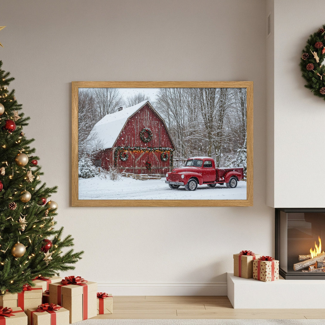 Framed Poster featuring a red barn and truck in winter. Rustic style, warm red and neutral color palette. Perfect holiday decor.