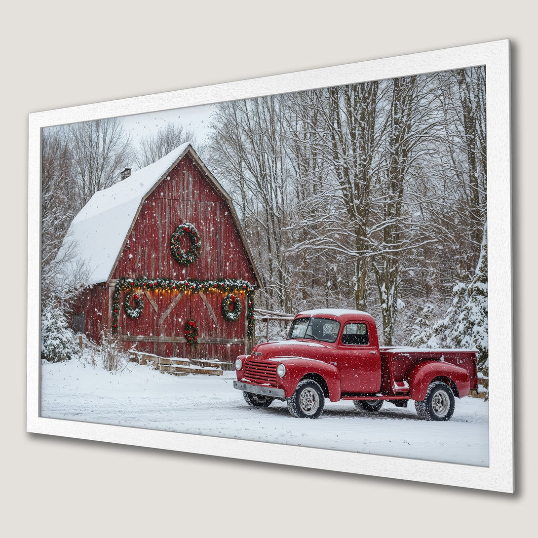Framed Poster of a red truck & barn in a winter scene. Rustic style, warm red & snowy white color palette. Perfect for holiday decor!
