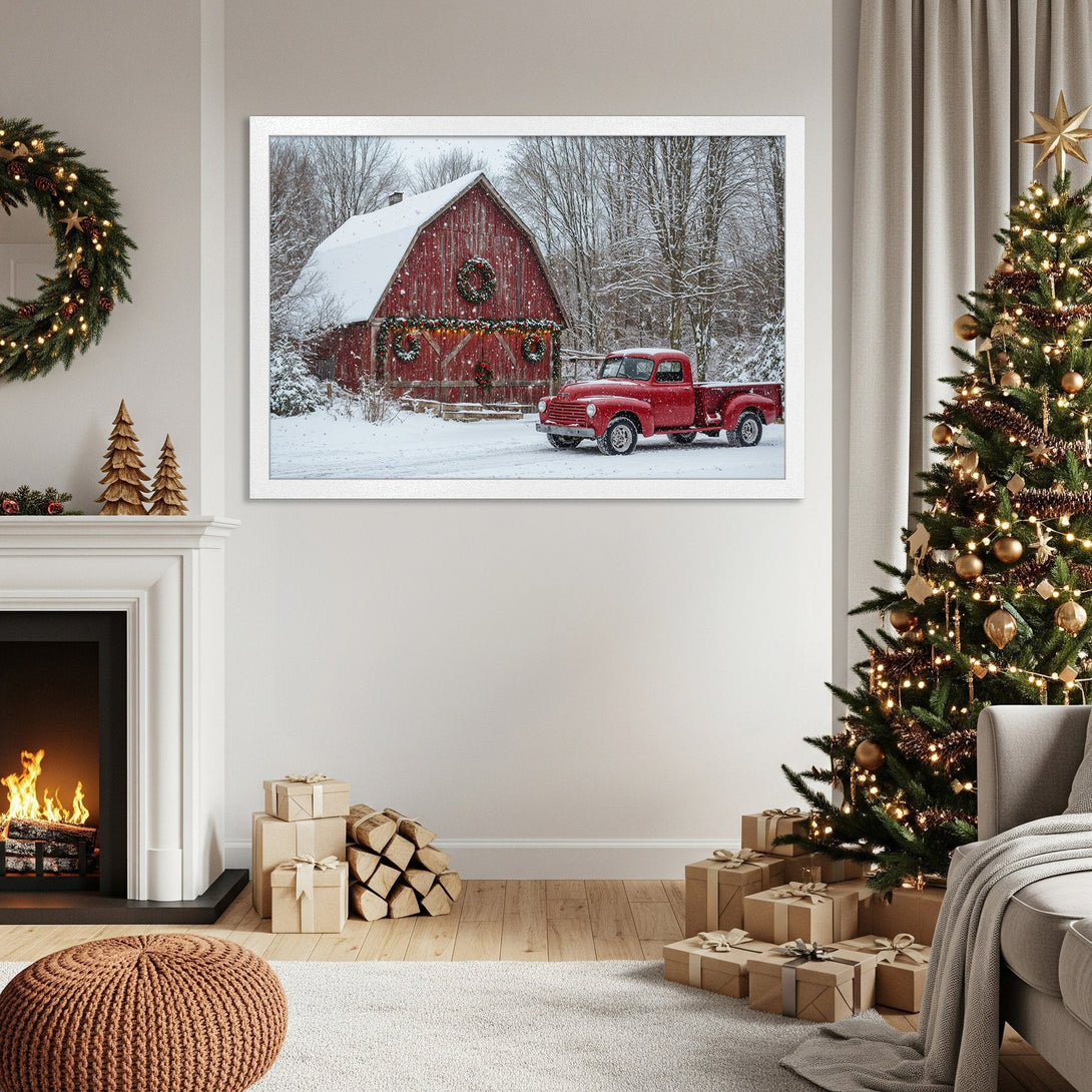 Framed Poster of a red barn and truck in winter. Rustic style, warm red and white color palette. Perfect Christmas decor.