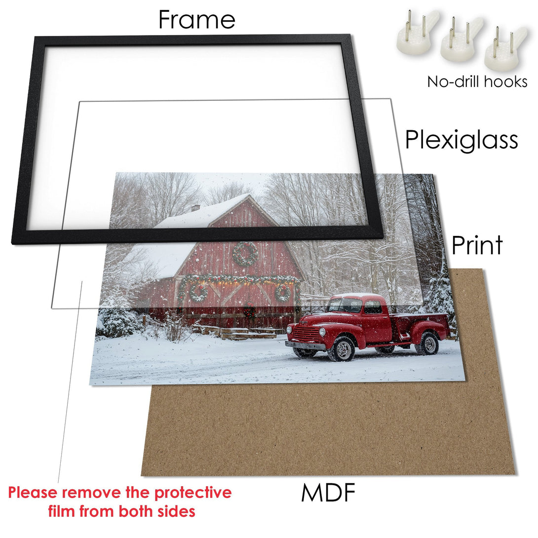 Framed Poster featuring a red truck and barn in a winter scene. Rustic style, warm red and white color palette. Perfect wall art!