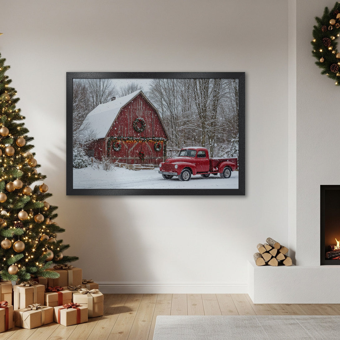 Framed Poster featuring a red barn and truck in a snowy scene. Rustic style, warm red and white color palette, perfect for Christmas decor.