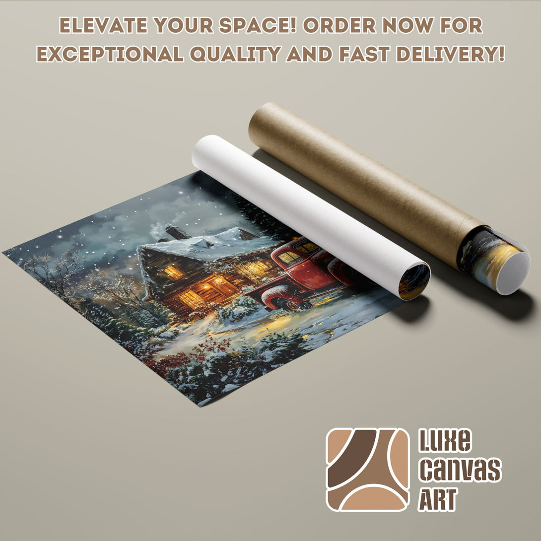 Poster Roll featuring a winter cabin scene in a painterly style with a warm color palette. Order yours today!