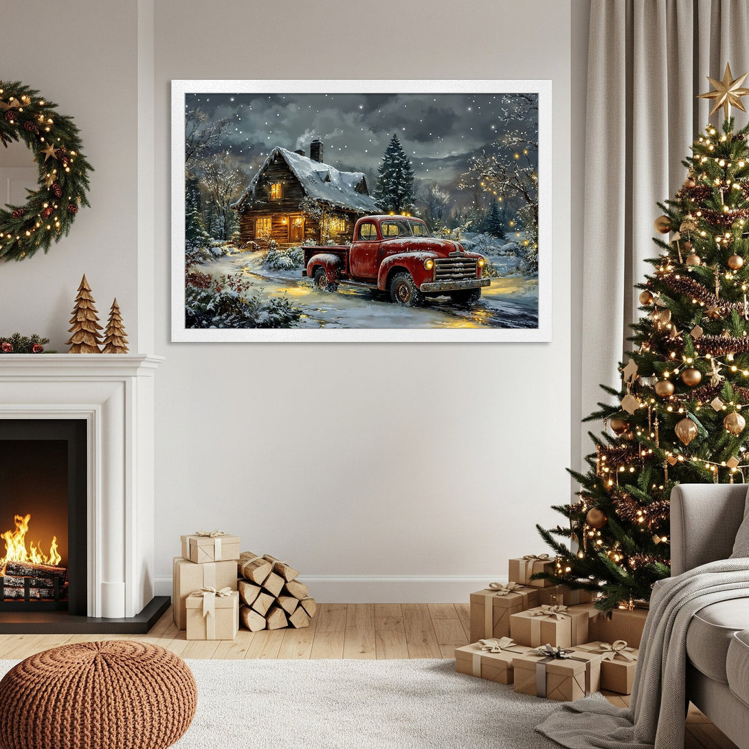 Framed Poster of a winter scene with a red truck, cabin, and snow. Warm, cozy style with a neutral and red color palette. Perfect for holiday decor.