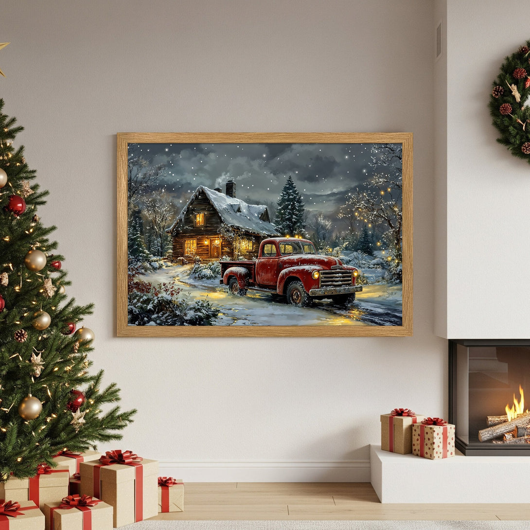 Framed Poster of a cozy winter scene with a red truck, cabin, and falling snow. Rustic style, warm color palette. Perfect holiday decor!