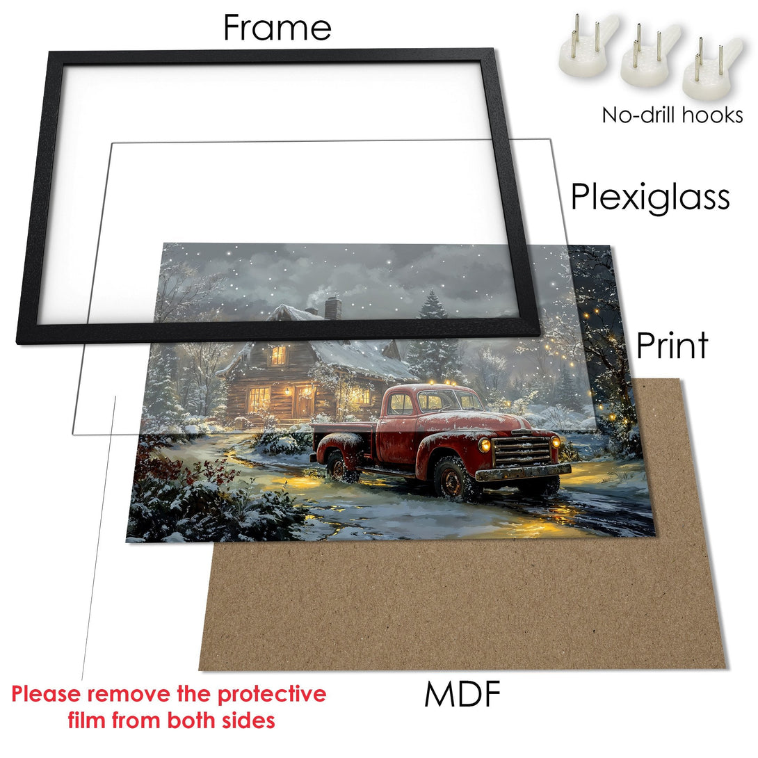 Framed Poster featuring a red truck in a winter scene. Cozy, rustic style with a warm, inviting color palette. Perfect wall art!