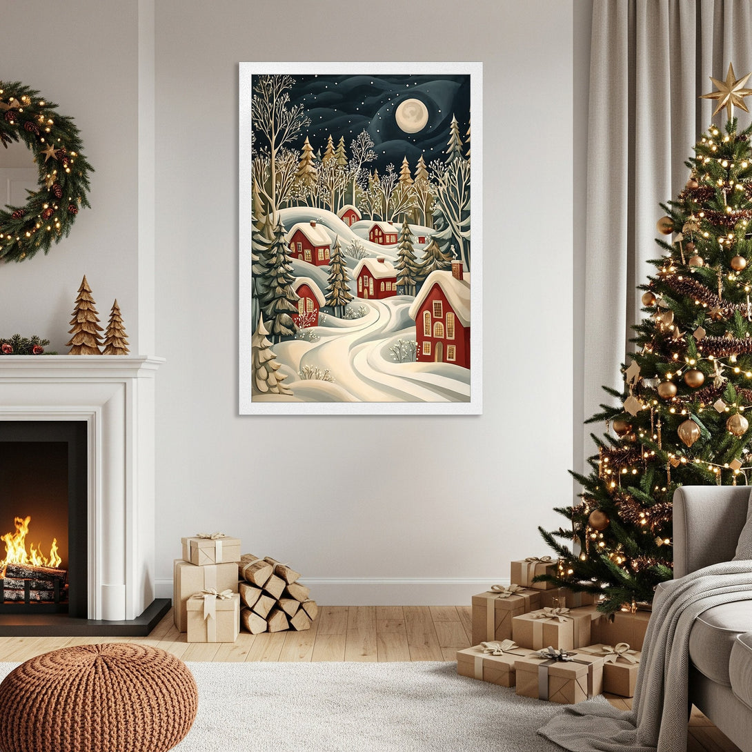 Framed Poster of a winter village scene in a whimsical style with red houses, set against a cool, dark blue and white color palette.