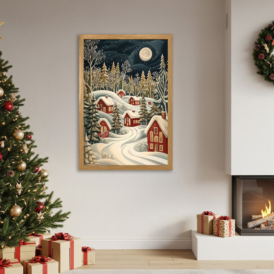 Framed Poster of a winter village scene in a whimsical style with a red and white color palette, perfect for holiday decor.