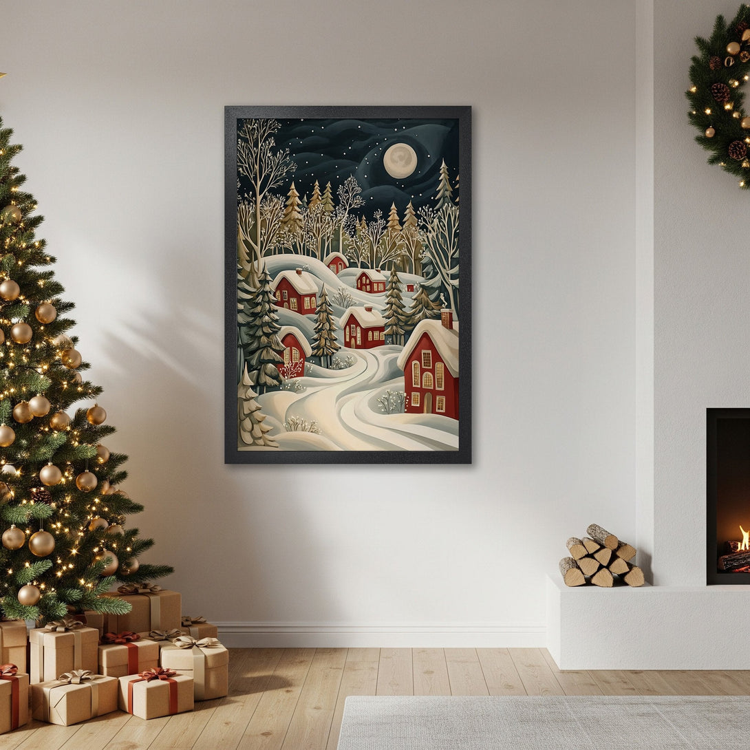Framed Poster featuring a winter village scene in a whimsical style with red houses, a snowy landscape, and a cool color palette.