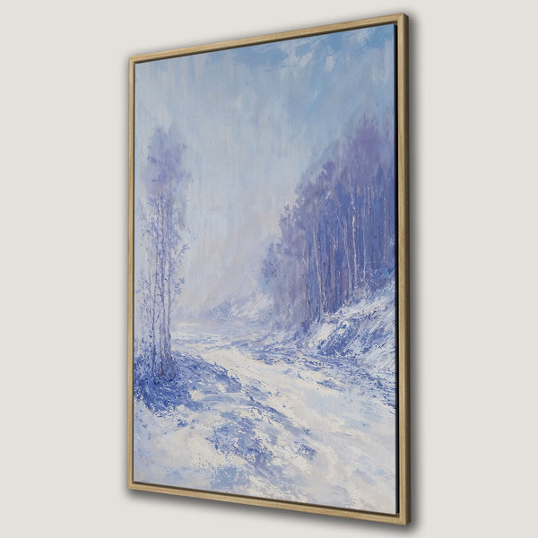 Framed Wall Art: Serene winter landscape Canvas Print in cool blue and purple tones. Bring the beauty of nature into your home.