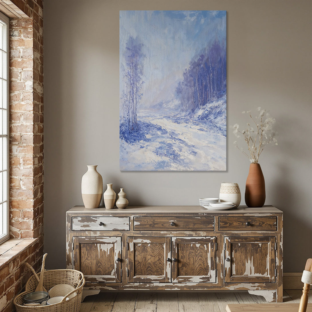 Framed Wall Art: Winter landscape canvas print in blue and white tones. Perfect for dining room decor. Add a touch of serenity to your space.