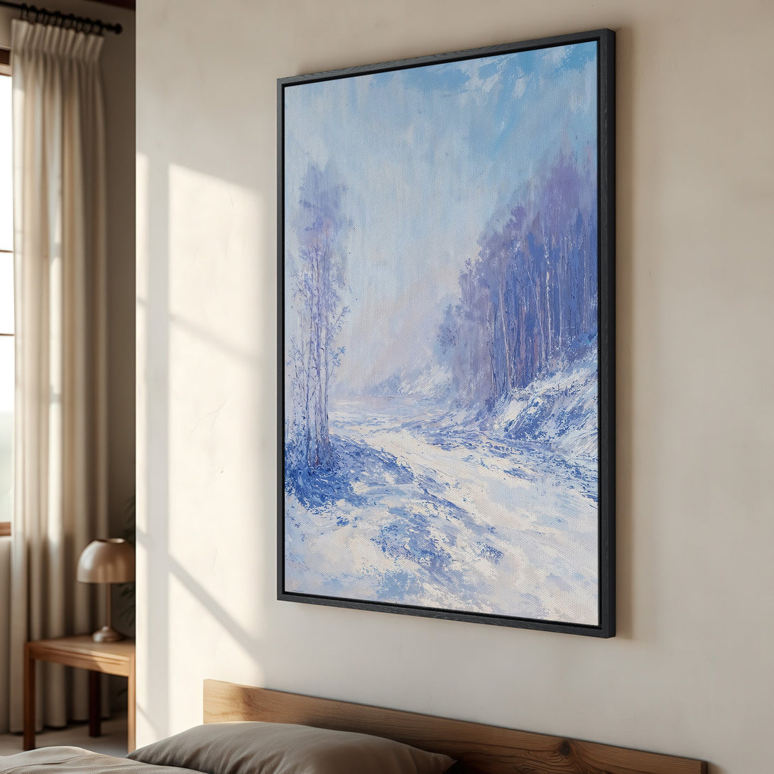 Framed Wall Art: Winter landscape Canvas Print in blue and white. Add serene style to your home with this impressionistic painting.