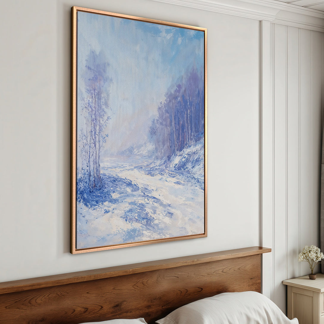 Framed Wall Art: Winter landscape painting in blue and white. Textured artwork with trees and a snowy path. Perfect for home decor.