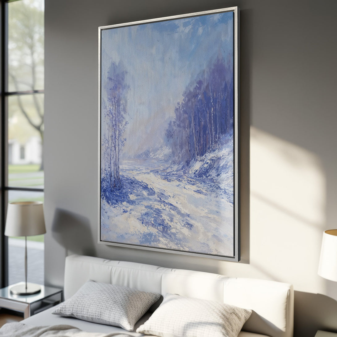 Framed Wall Art featuring a winter landscape painting in blue and white hues. Perfect for adding a touch of serenity to your home decor.