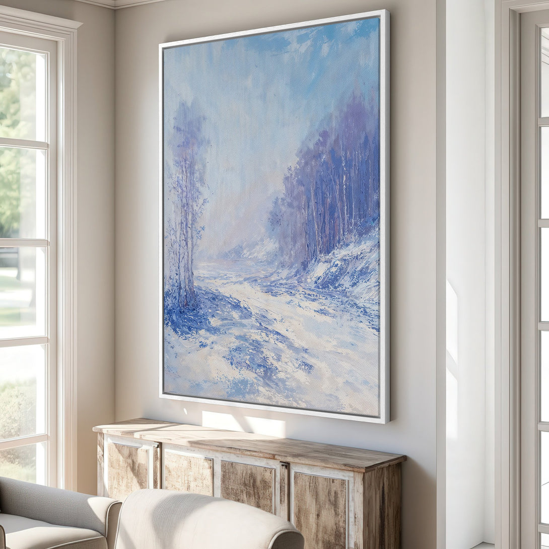 Framed Wall Art: Winter landscape canvas print in cool blue and white tones. Perfect for adding a touch of serene beauty to your home decor.