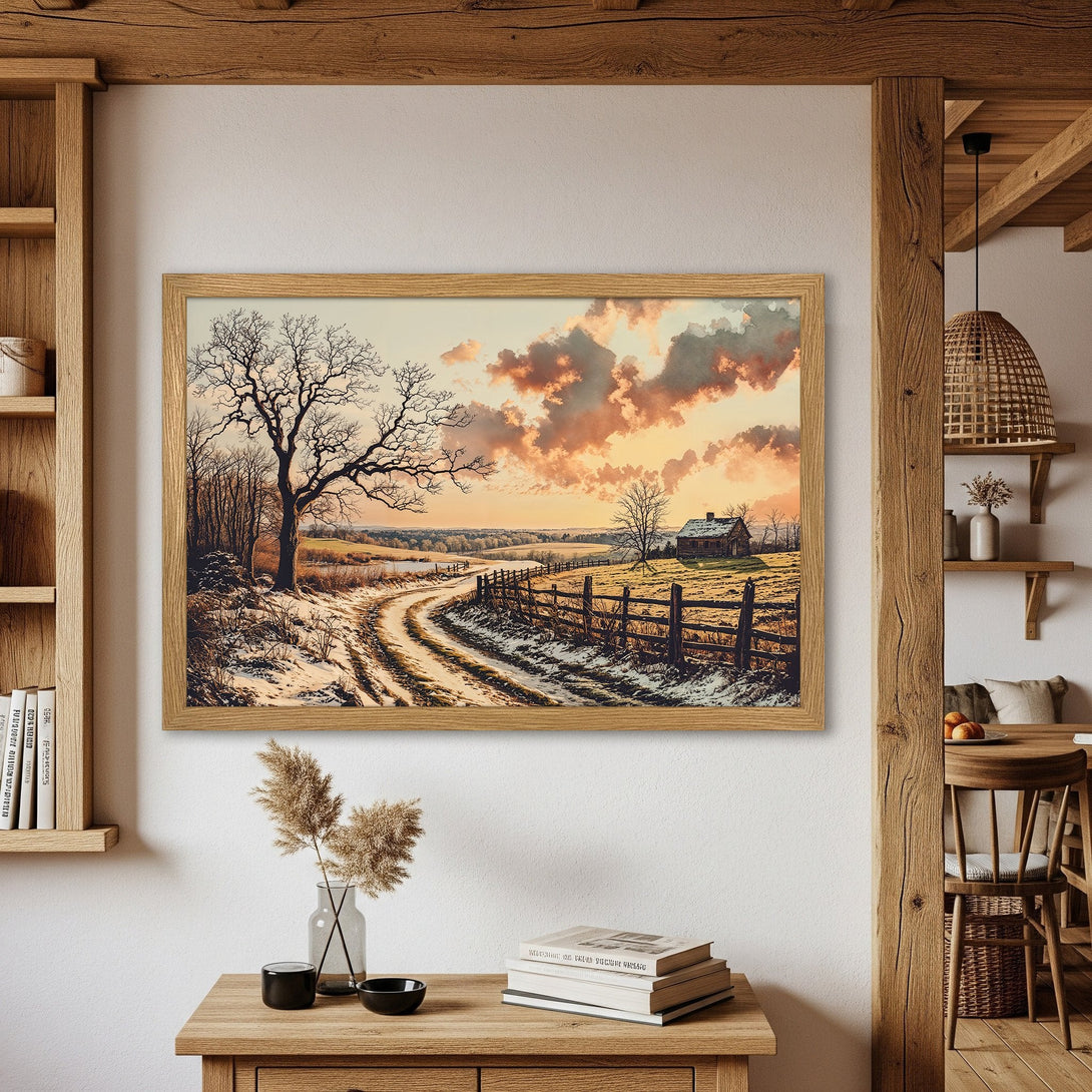Framed Poster of a winter landscape with a warm, sunset color palette. Rustic style art for your home.