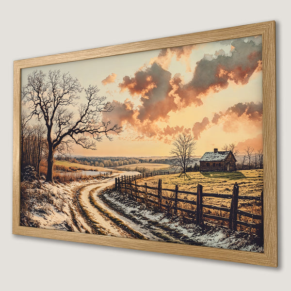 Framed Poster of a serene winter landscape with a cabin, featuring a warm color palette and watercolor style. Perfect wall art!