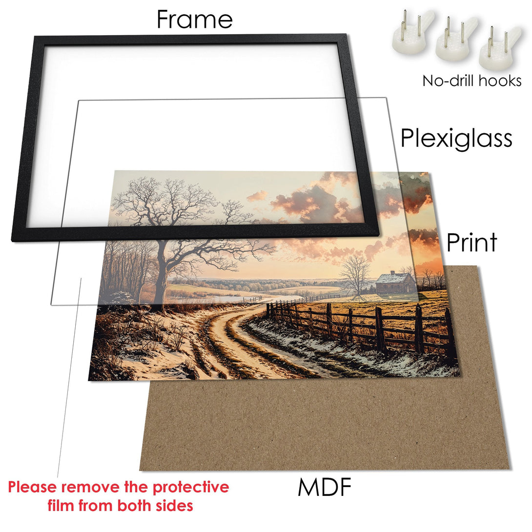 Framed Poster of a winter landscape in warm tones. Rustic style with a black frame. Perfect wall art decor.