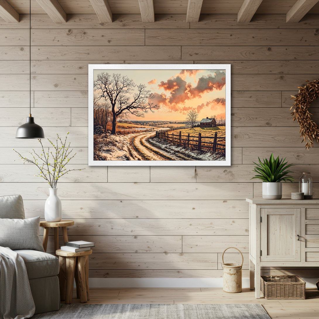 Framed Poster of a serene winter landscape with a warm sunset color palette, perfect for home decor.