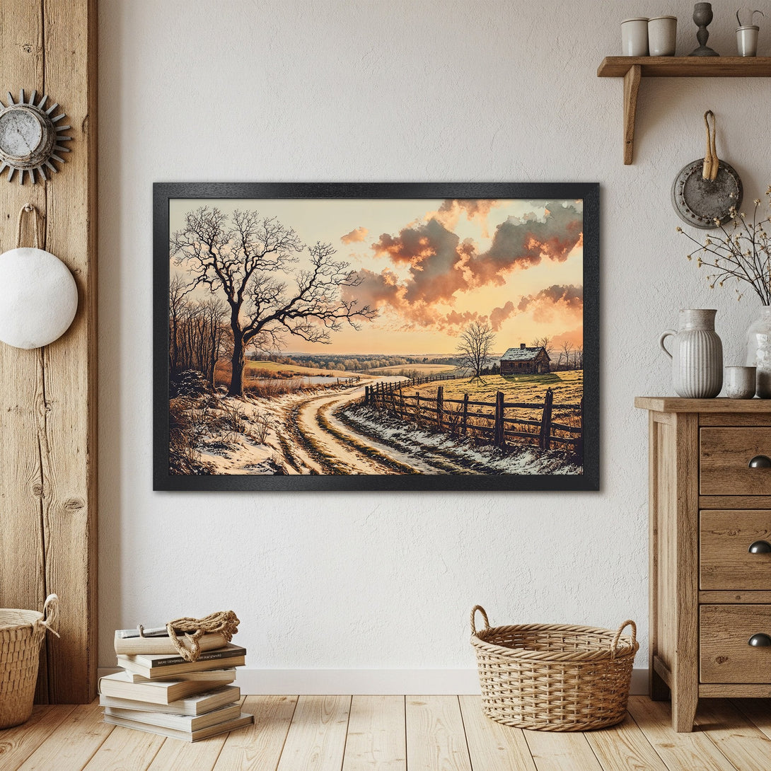 Framed Poster of a serene winter landscape with a warm sunset color palette. Rustic style art for home decor.