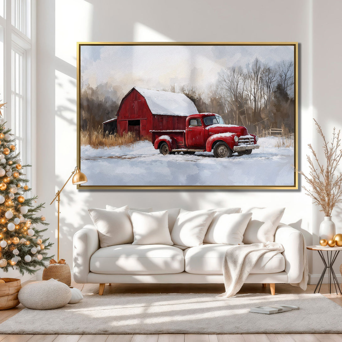 Canvas Print: Rustic winter scene with red truck & barn. Warm, inviting color palette. Perfect for farmhouse decor.