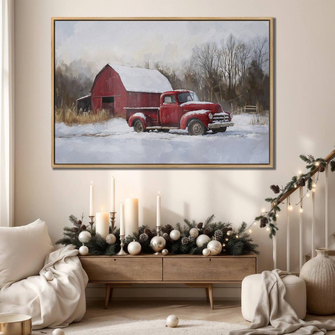 Framed Wall Art: Rustic winter scene with red truck and barn. Warm neutral tones create a cozy aesthetic. Perfect for farmhouse decor.