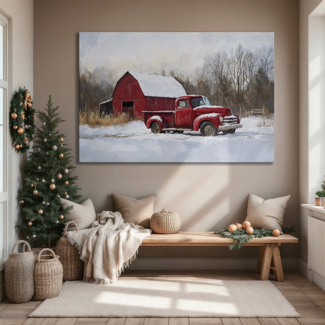 Framed Wall Art: Rustic red truck & barn in winter scene. Warm, inviting tones. Perfect farmhouse decor for a cozy living room.