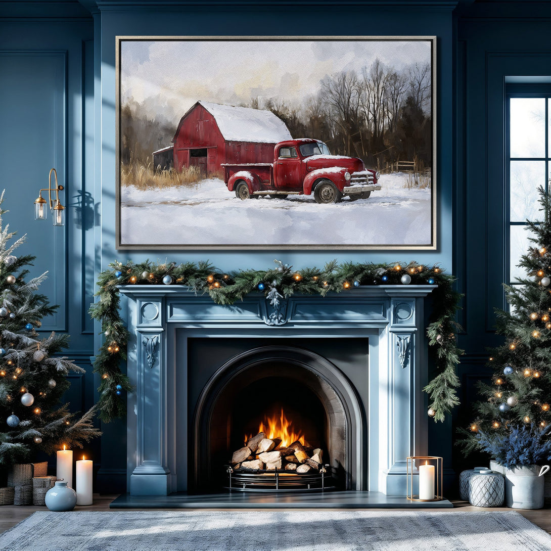 Framed Wall Art: Rustic winter scene with red truck & barn. Cozy farmhouse style, warm red & neutral tones. Perfect for living room decor.