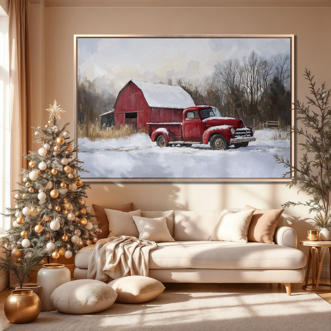 Framed Wall Art: Rustic winter scene with red truck and barn in a snowy landscape. Warm, neutral interior with a cozy Christmas tree.