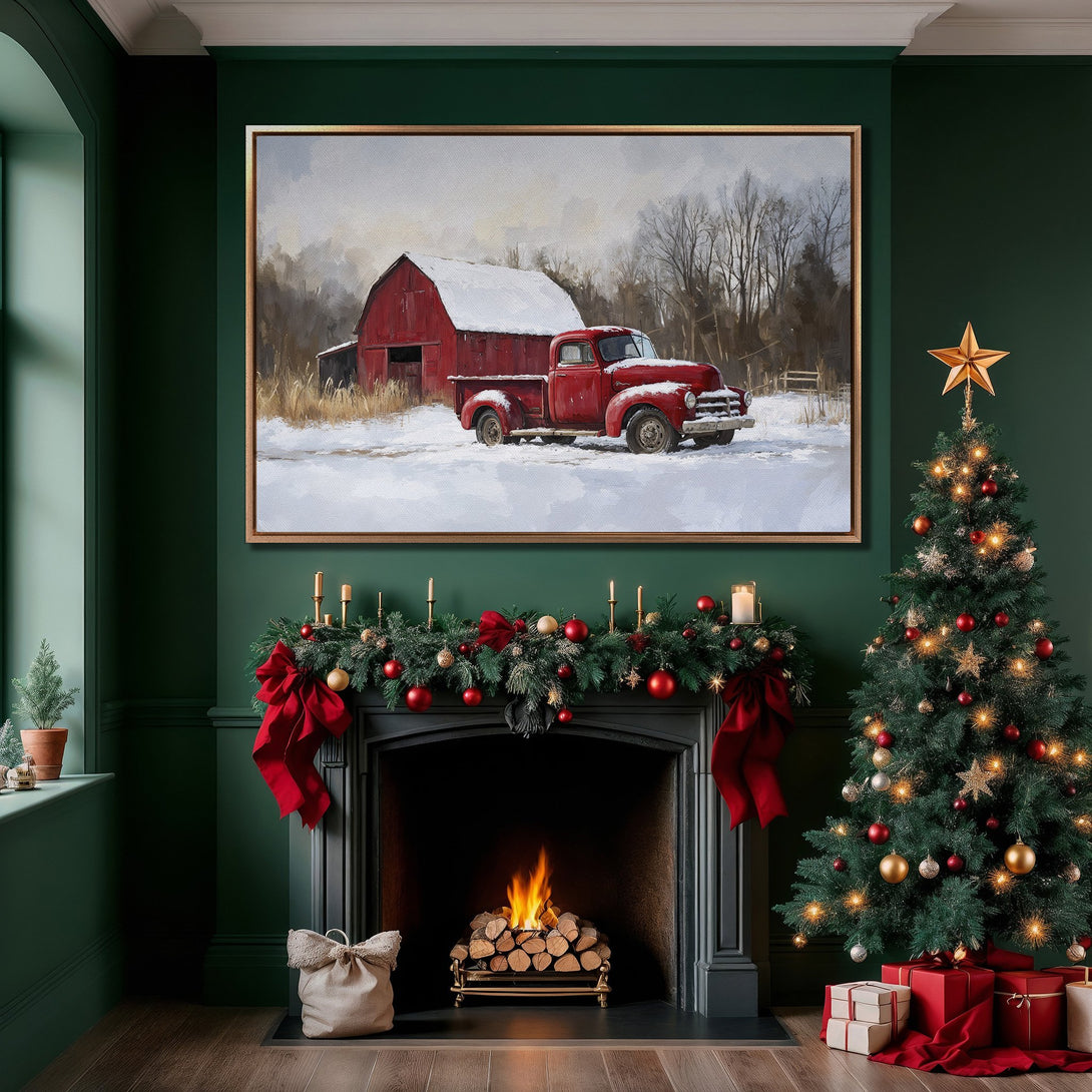 Framed Wall Art: Rustic red truck & barn in winter scene. Classic farmhouse style art with a warm, inviting color palette. Perfect for cozy interiors!