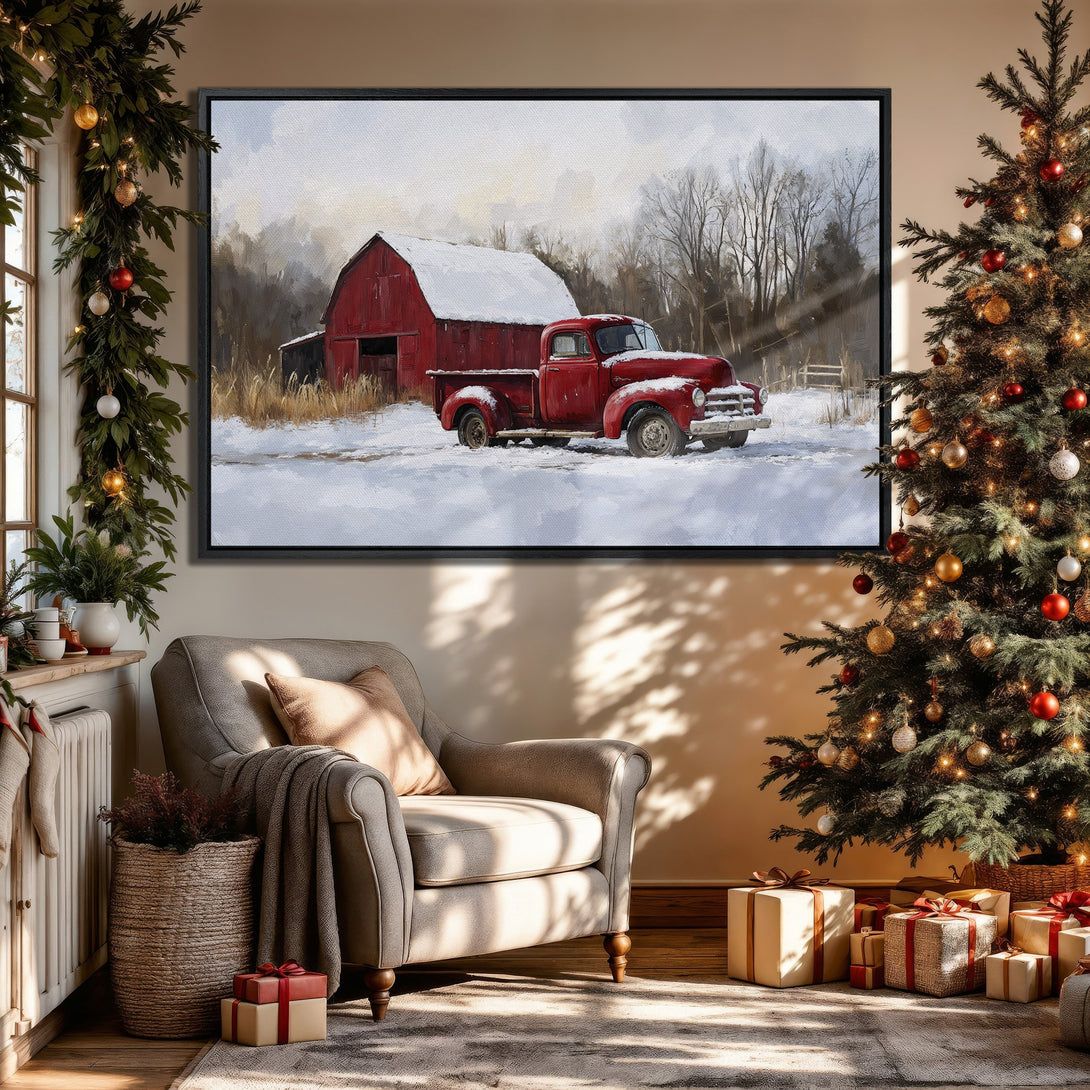 Framed Wall Art: Winter scene with red truck & barn. Rustic style, warm color palette. Perfect for cozy interiors & holiday decor. Shop now!